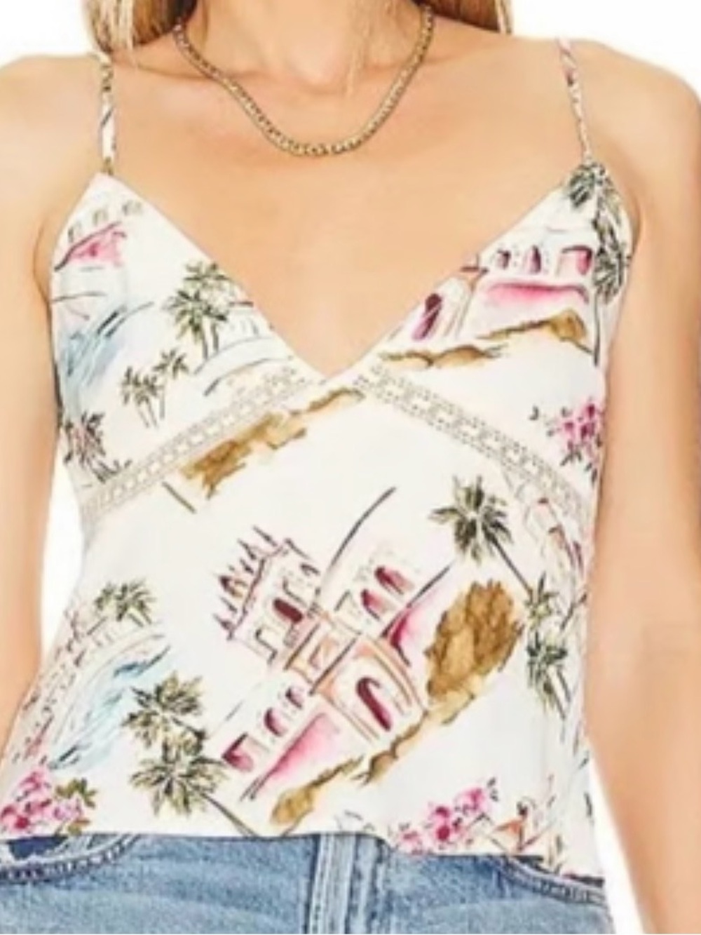Favorite Daughter Floral Scenic Print White Halter Crop Top